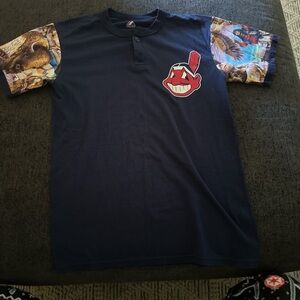 Navy Graphic T-Shirt with Patterned Sleeves